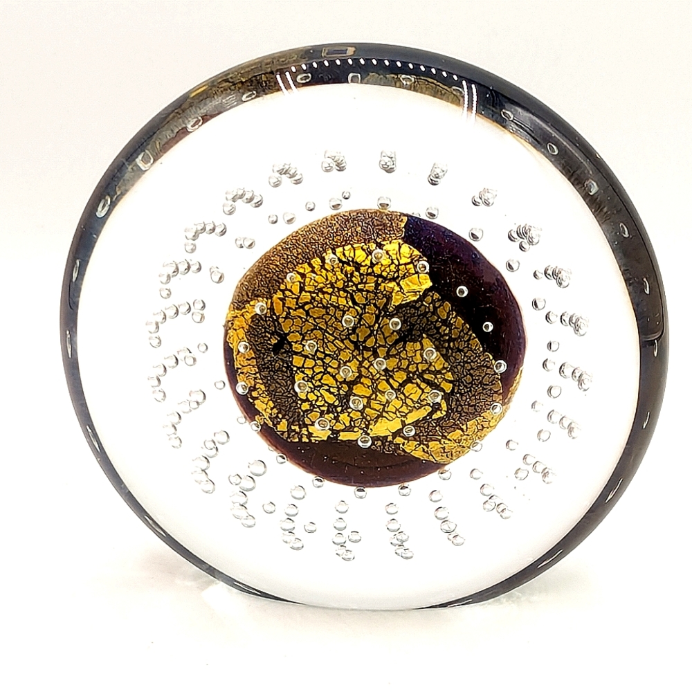Robert Eickholt Disc Paperweight, Controlled Bubble, Aventurine